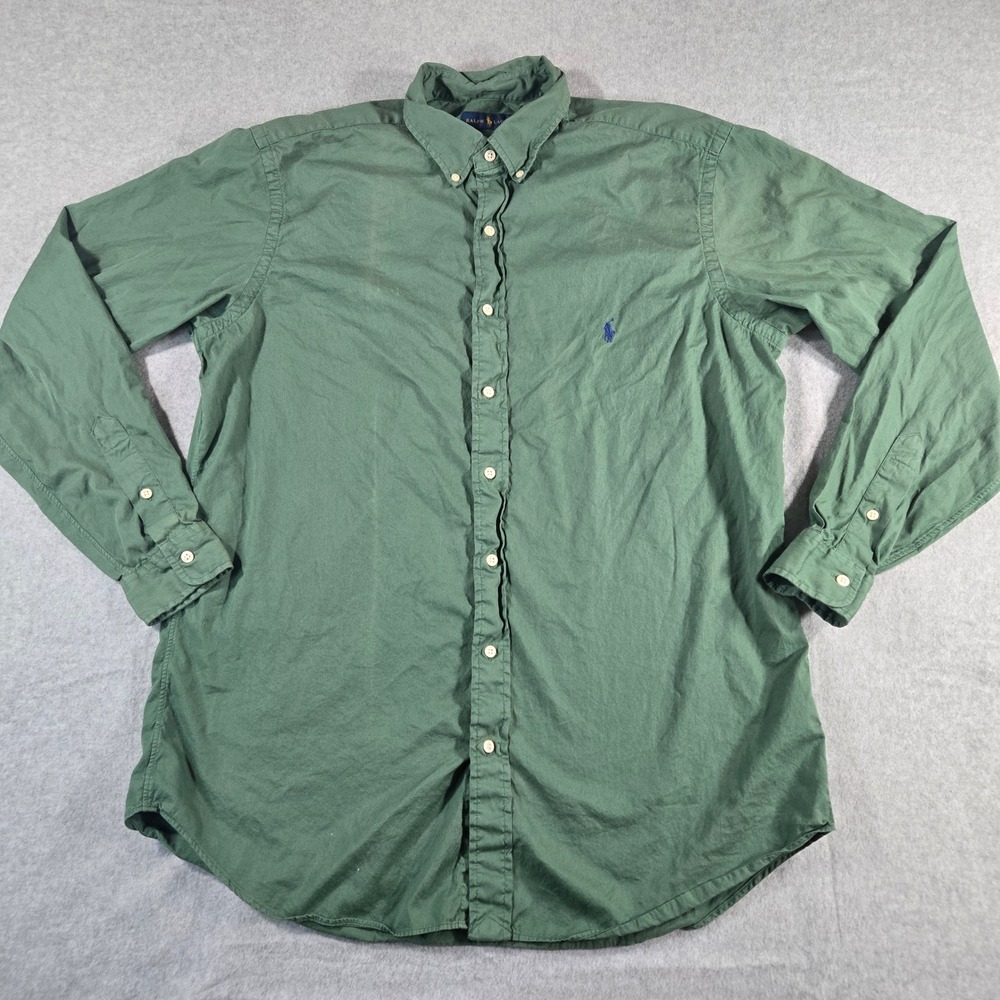 Ralph Lauren Mens Large Tall Green Cotton Button Down Shirt Long Sleeve Pony